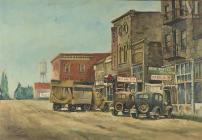 painting of a street scene with old cars parked on the side of the road