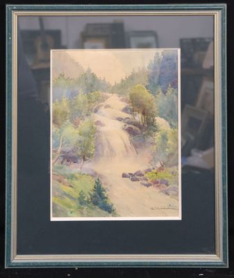 an image of a watercolor painting of a road in the woods