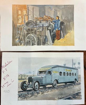 two postcards with pictures of a train and a man