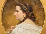 portrait of a young woman in a white dress with a red scarf