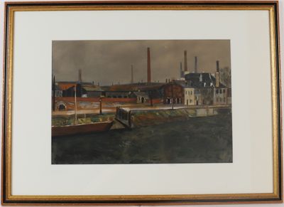 tableau encadré représentant une scène de port avec un bateau au premier plan