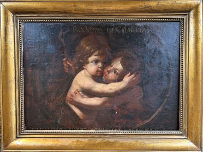 une peinture à l'huile représentant deux enfants enlacés, dans un cadre doré