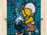 painting of a man with a hammer in front of a blue door