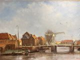 un tableau représentant un pont enjambant une rivière sur laquelle naviguent des bateaux