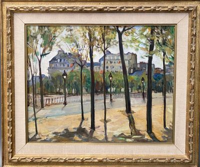 an oil painting of a park with trees and buildings in the background