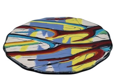 painting of multicolored paint on a round plate on a white background