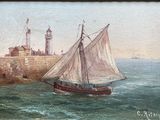 a painting of a sailboat in the water near a light house