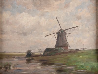 peinture représentant un moulin à vent dans un champ, près d'un plan d'eau