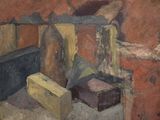 une peinture représentant une peinture d'un homme tenant un couteau
