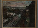 tableau représentant une vue de ville avec un pont au premier plan