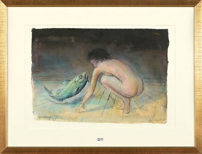 Aquarelle et encre sur papier "La Femme et le poisson". Sign…