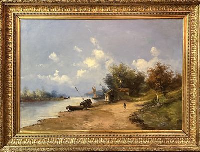 une peinture à l'huile représentant un bateau au bord d'un lac