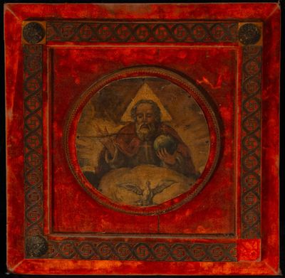 an old painting of a man sitting in a red frame