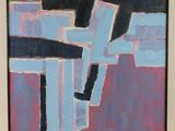 peinture abstraite représentant des formes bleues, roses et noires sur un mur blanc