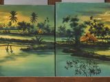 two paintings of a painting of a farm scene on a wooden easel