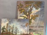 trois tableaux représentant un paysage avec un cheval et un arbre