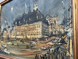 an image of a painting of a city with a clock tower in the background