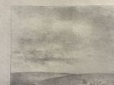 drawing of a view of a town in a hilly area with mountains in the distance