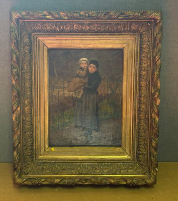 une peinture ancienne représentant une femme tenant un enfant dans ses bras