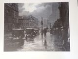 a black and white photo of a city street in the rain