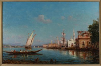 une peinture à l'huile représentant des bateaux dans un port avec des bâtiments à l'arrière-plan