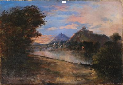 tableau représentant une scène fluviale avec un château au loin