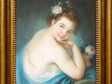 painting of a woman with a flower in her hair and a blue dress
