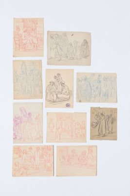 plusieurs dessins représentant des personnes et des animaux, réalisés sur du papier ancien posé sur un fond blanc