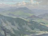 a painting of a mountain scene with a lake in the foreground