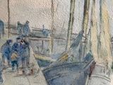 a watercolor painting of a boat docked at a dock