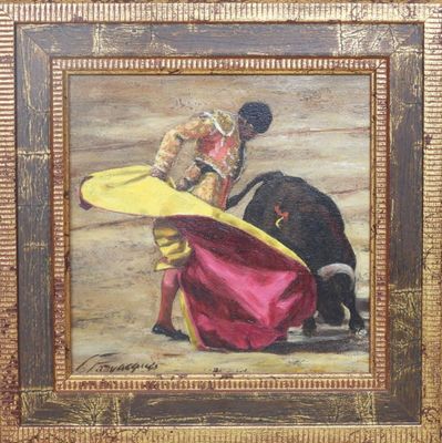 une peinture à l'huile représentant un taureau et un torero avec une cape rouge