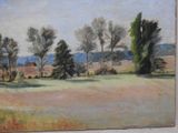 an oil painting of a field with trees and a house in the distance