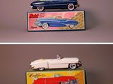 two pictures of a toy car and a toy car in a box
