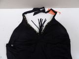 a close up of a black bikini top with a bow on it