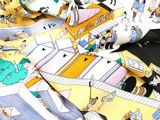 a close up of a yellow and white tie with a picture of people on it