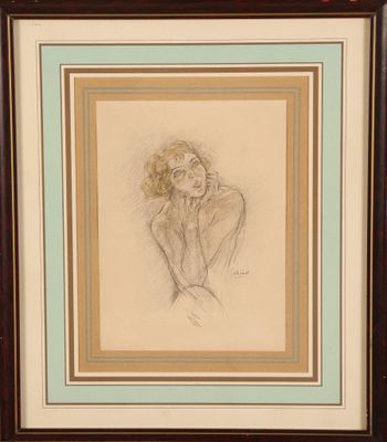 un dessin représentant une femme assise sur une chaise, la main posée sur le menton