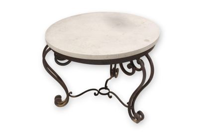 Guéridon bas de jardin en fer forgé et plateau de marbre épa… - Photo 1