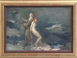 tableau représentant un homme et une femme dans un bateau sur un plan d'eau