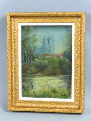 an image of a painting of a city in a gold frame