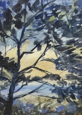 l'image d'un tableau représentant un arbre au milieu d'un champ
