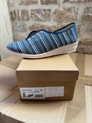 blue and white striped shoes on a cardboard box on top of a cardboard box