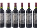 six bouteilles de vin rouge alignées sur une surface blanche