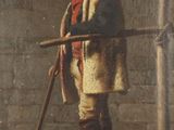tableau représentant un homme tenant une batte de baseball, debout devant un mur de briques