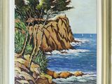 a painting of a rocky coast with trees and a sailboat in the distance