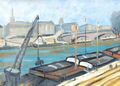 a painting of a boat docked at a dock