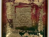 an abstract painting with gold and red paint on a white wall
