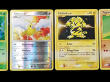 four different pokemon cards are displayed on a black background