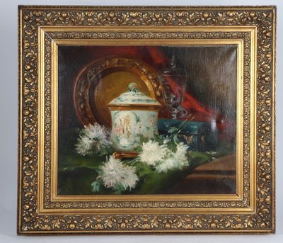 an oil painting of a vase and flowers on a table