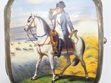 painting of a man riding a horse in a field with a sky background