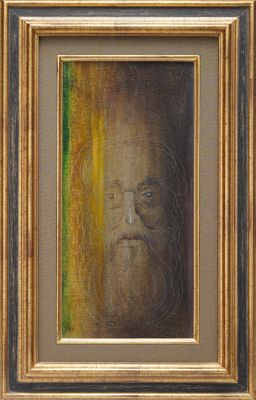 un tableau représentant un homme barbu et portant des lunettes, dans un cadre doré